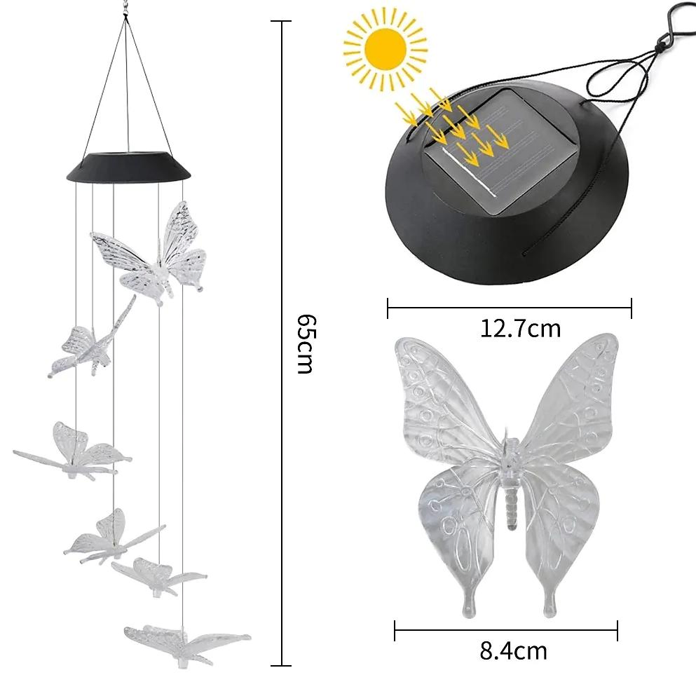 Lámpara colgante LED solar en forma de mariposa colorida, luces LED solares impermeables, farol decorativo para jardín, terraza y patio, luz nocturna