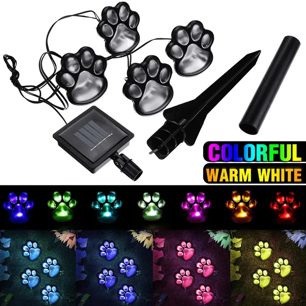 4 Lámparas LED de huellas de patas de gato solar para jardín al aire libre, faroles decorativos LED, iluminación de senderos con huellas