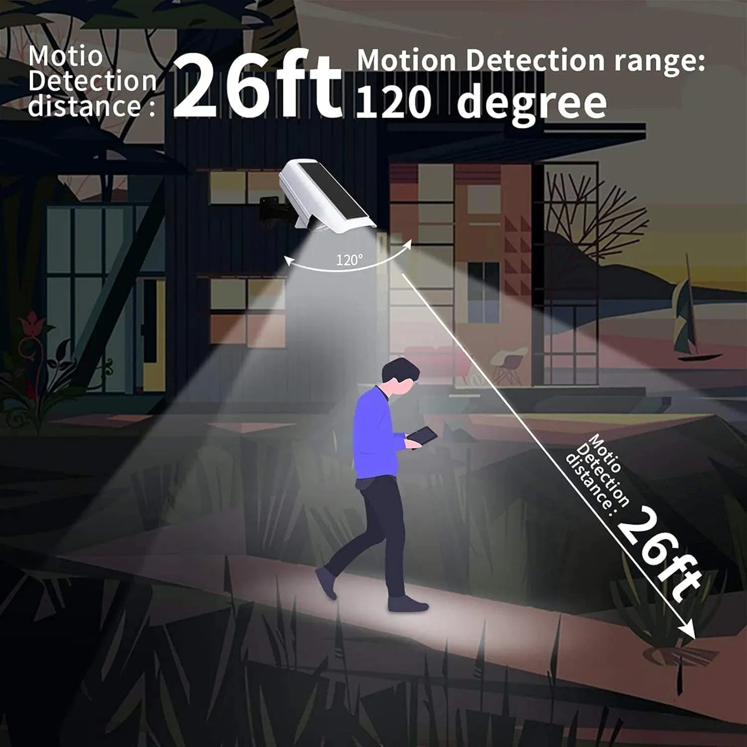 Iluminación solar exterior, simulación de luz fuerte con monitoreo, luces de pared de seguridad con sensores de movimiento, granja de patio trasero, terraza, plaza, a prueba de salpicaduras