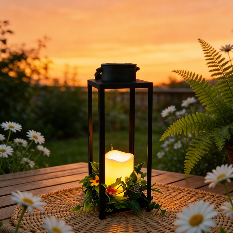 Linterna de metal solar para exteriores con flores artificiales y luz de vela LED - Decoración impermeable para jardín en patio y yardas