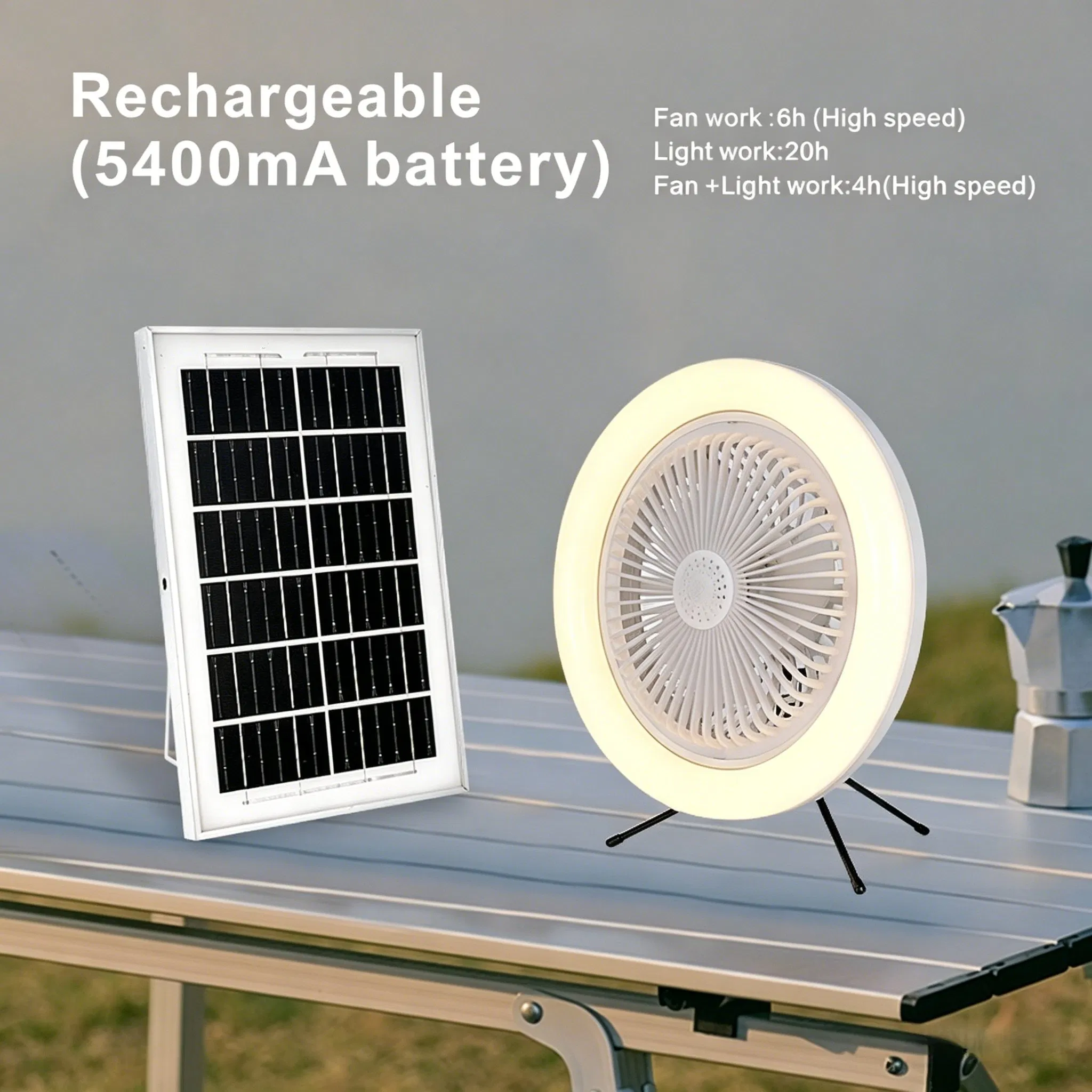 Luz de ventilador solar portátil multifuncional para exteriores, lámpara de ventilador alimentada por energía solar, combo de iluminación para senderismo, pesca, playa, patio, terraza y suministro de emergencia