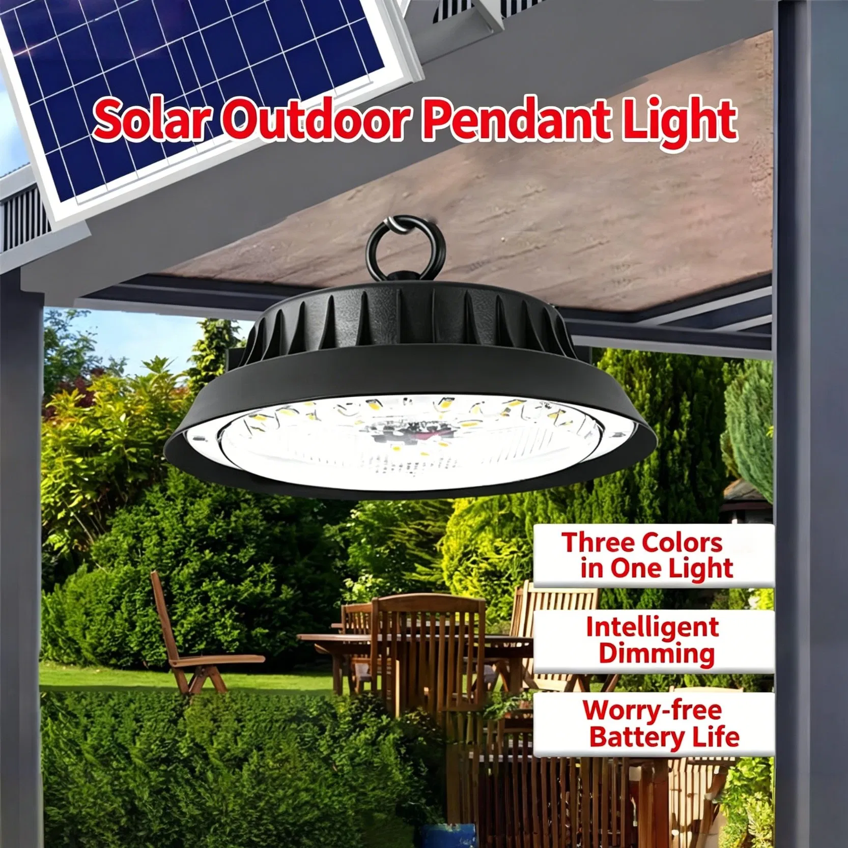 Lámpara de alta bahía solar 3 Color de luz 100W Luz colgante para almacén, garaje, taller, luz de pendant solar para cobertizo, minería, luz LED de alta bahía tipo UFO