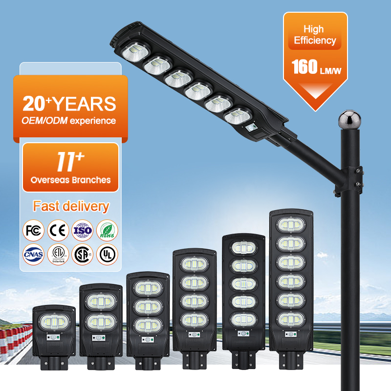 Todos los puntos IP65 Lámpara de calle impermeable para exteriores 50W 100W 150W 200W Lámpara de calle solar de ABS con energía solar todo en uno, integrada con sensor de movimiento, luz LED solar