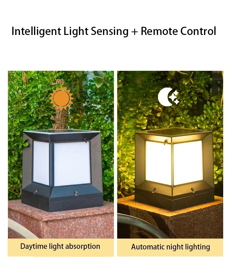 Luz decorativa de pilar de puerta de cerca al aire libre cuadrada de aluminio LED solar impermeable IP65