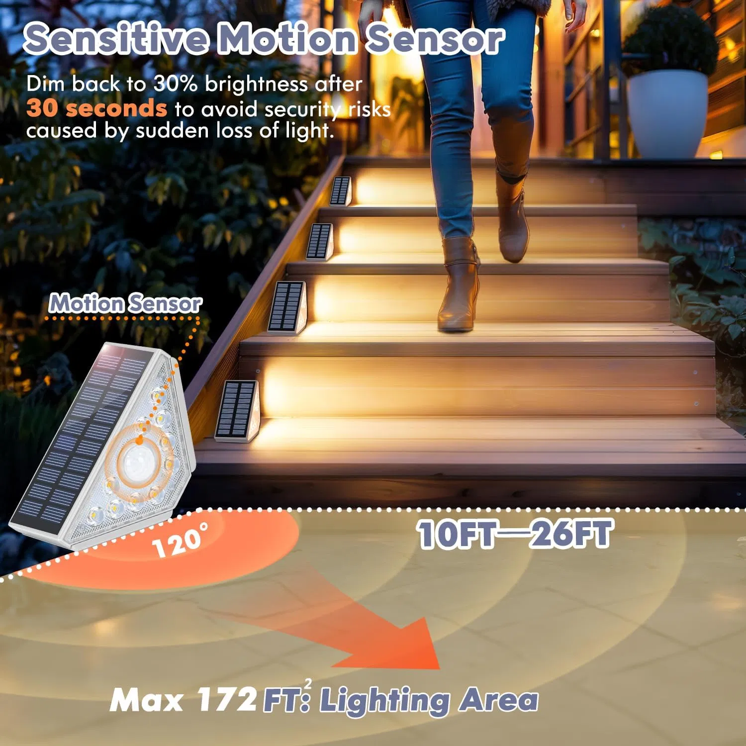 Luces solares de escalera con sensor de movimiento para porche exterior y patio