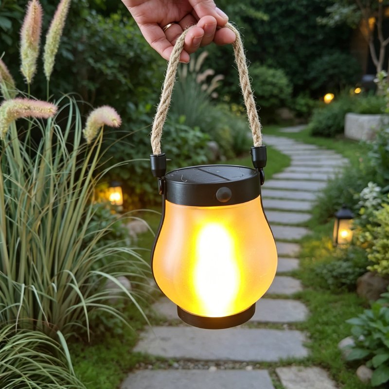 Linterna de Efecto Llama Solar, Linterna Solar Portátil para Colgar con Asa de Cuerda, Luz LED Recargable Impermeable para Jardín, Camping, Decoración de Patio