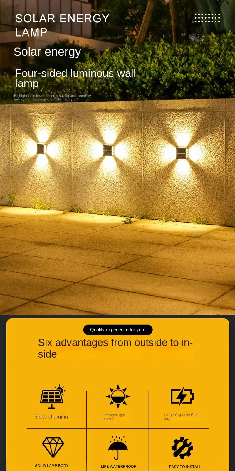 Lámpara de pared LED impermeable con espejo convexo de cuatro lados para exteriores, luz decorativa para jardín y escalera