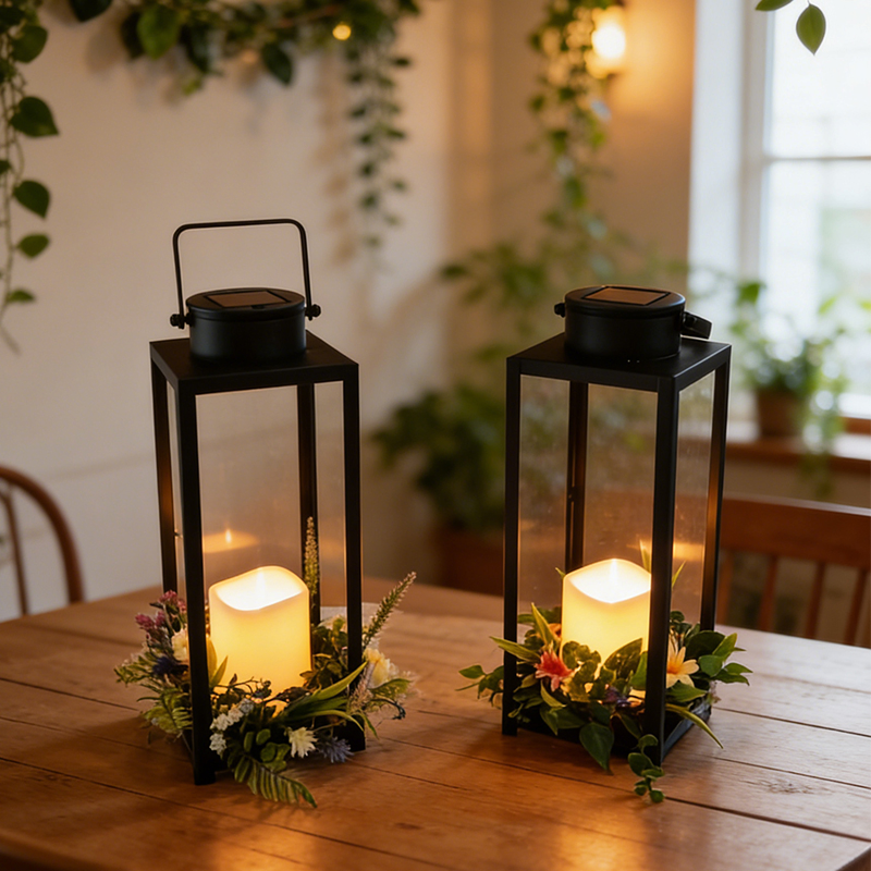 Linterna de metal solar para exteriores con flores artificiales y luz de vela LED - Decoración impermeable para jardín en patio y yardas