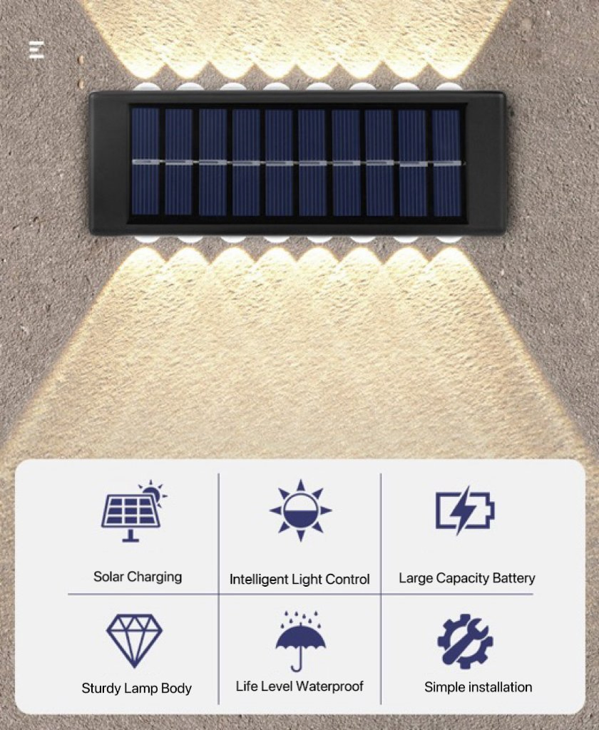 Luces de cerca solares para exteriores, aplique de pared LED hacia arriba y hacia abajo, iluminación a prueba de agua de crepúsculo a amanecer para terraza, escalera, patio y jardín