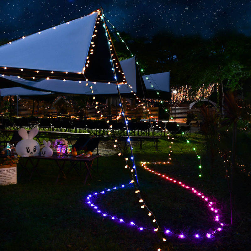 Ventas calientes de fábrica, cadena de luces LED RGB con alambre de cuero, energía solar para camping al aire libre y decoración navideña, control remoto