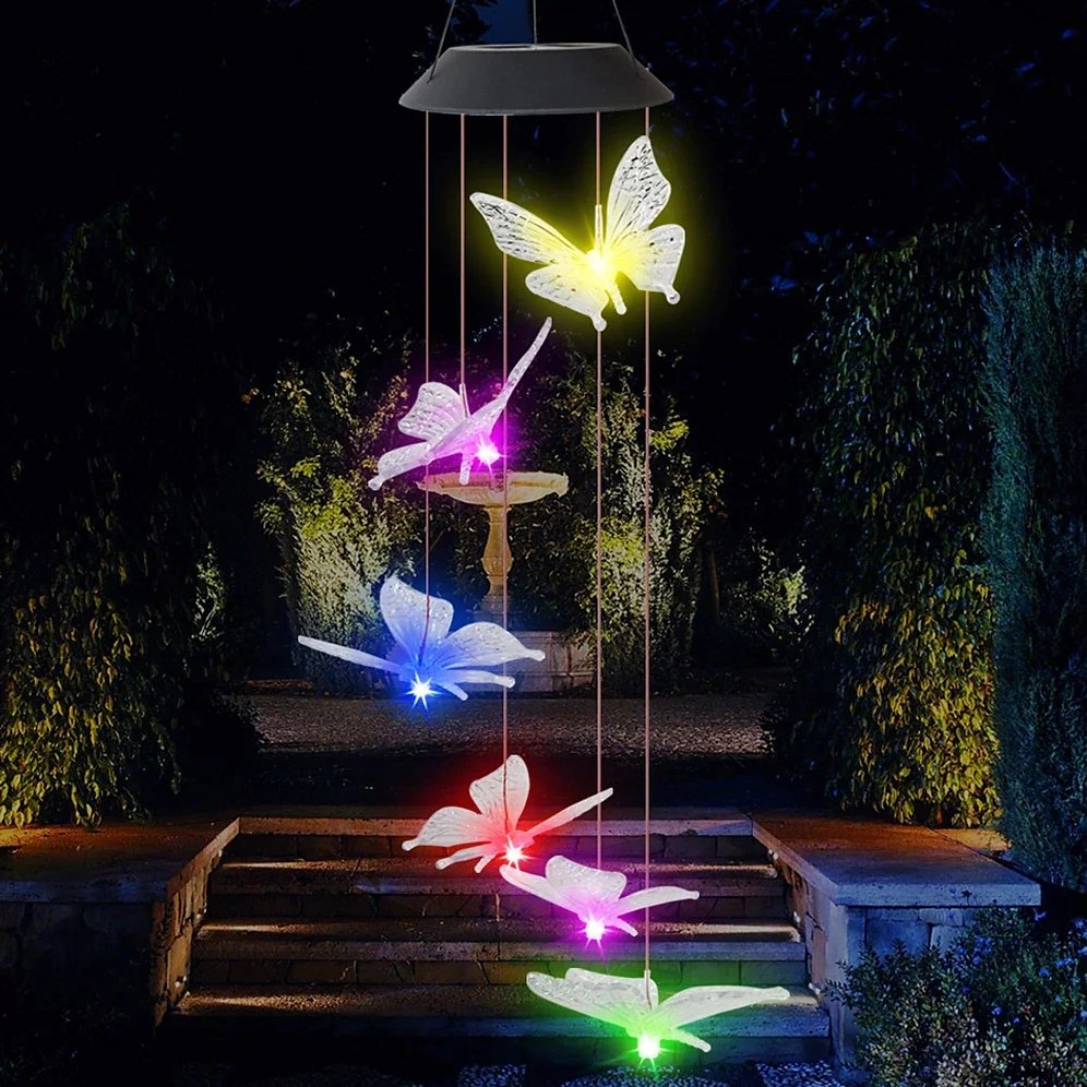 Lámpara colgante LED solar en forma de mariposa colorida, luces LED solares impermeables, farol decorativo para jardín, terraza y patio, luz nocturna