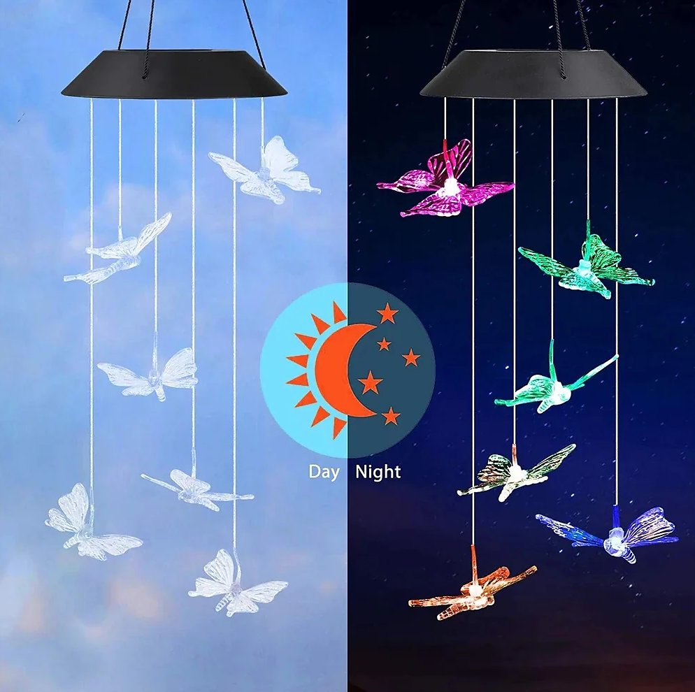 Lámpara colgante LED solar en forma de mariposa colorida, luces LED solares impermeables, farol decorativo para jardín, terraza y patio, luz nocturna