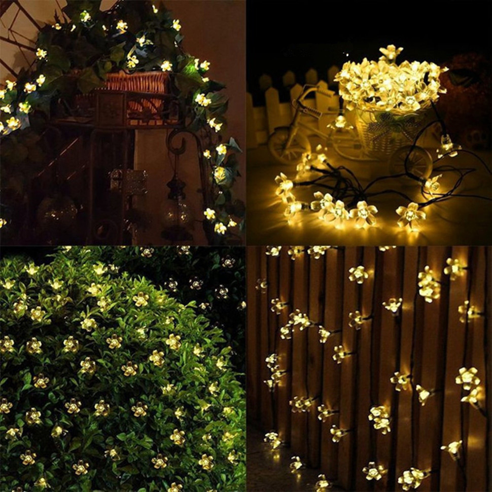 Luces de decoración navideña LED solares impermeables al aire libre en forma de flor de durazno y flor de cerezo, cadena de luces