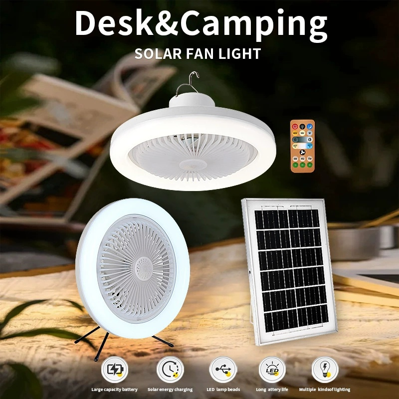 Luz de ventilador solar portátil multifuncional para exteriores, lámpara de ventilador alimentada por energía solar, combo de iluminación para senderismo, pesca, playa, patio, terraza y suministro de emergencia