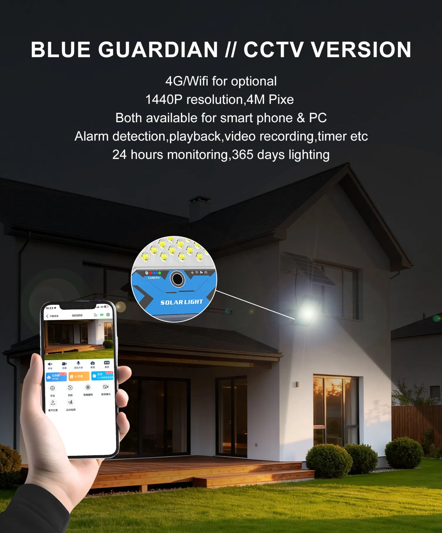 Nueva 200W Luz de Inundación Solar con 1440p Cámara Luz de Seguridad Solar Alimentada por Energía con Sensor de Movimiento Luz de Pared IP66 a Prueba de Agua para Jardín