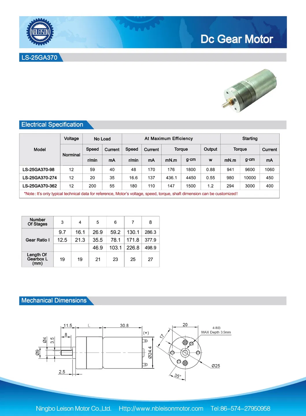 25mm 6V 12V Low Speed Brushed Spur DC Gear Motor Dimensions