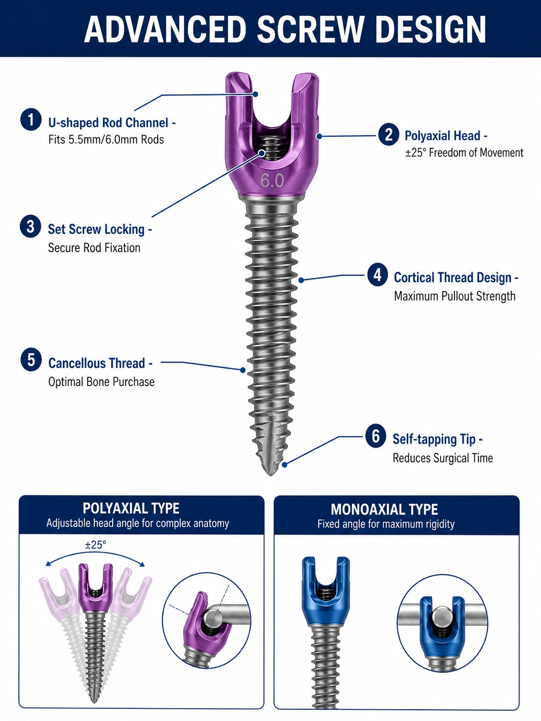 Factory Price 5.5mm Pedicle Screws Spinal Fixation System Titanium Orthopedic Spine Implants for Posterior Fixation