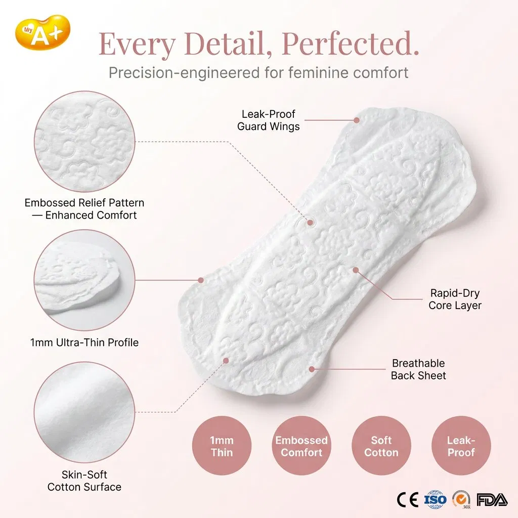 Mis a+ 1mm Compresas desechables de hierbas biodegradables súper absorbentes con alas gruesas y protección contra filtraciones para mujeres