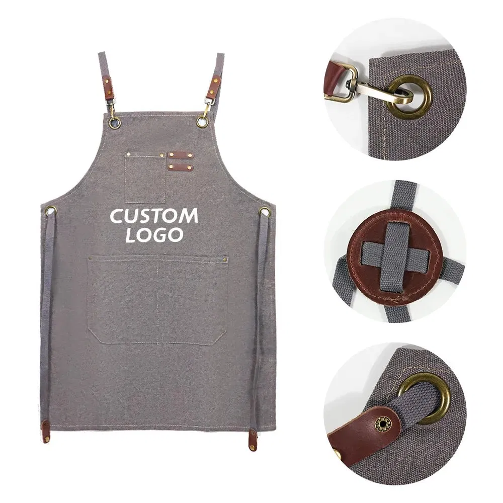 High Quality Black Red Blue Bib Kitchen Cotton Canvas Men Women Work Apron with Tool Pockets for Cooking and Baking