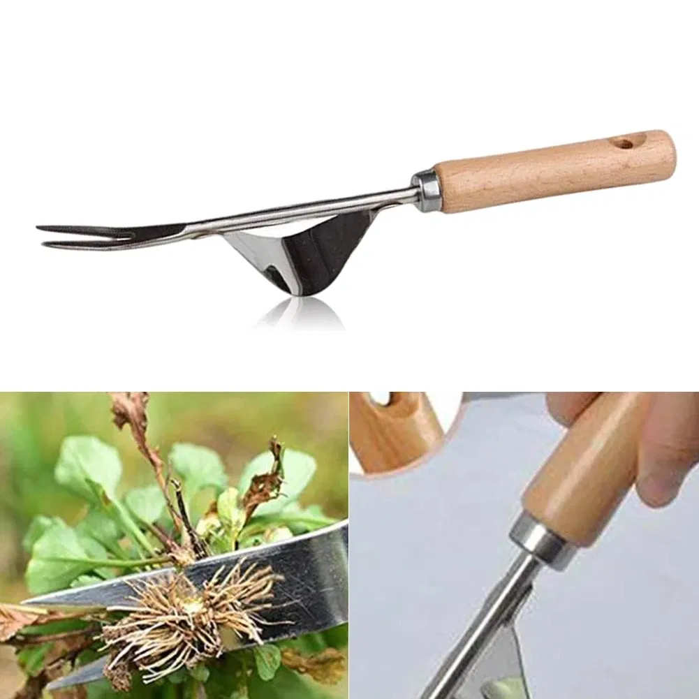 Wood Handle Stainless Steel Garden Weeder Hand Weeding Removal Cutter Puller Tools Multifunction Weeder Transplant Garden Tools