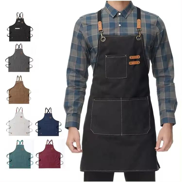 Heavy Duty Coffee Shop Chef Restaurant Leather Garden BBQ Grilling Denim Cotton Barber Canvas Work Apron with Tool Pockets