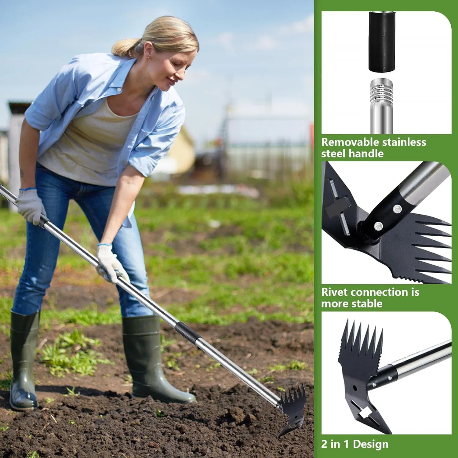 4.9FT Garden Dual Purpose Hand Hoe with Steel Handle for Soil Rake