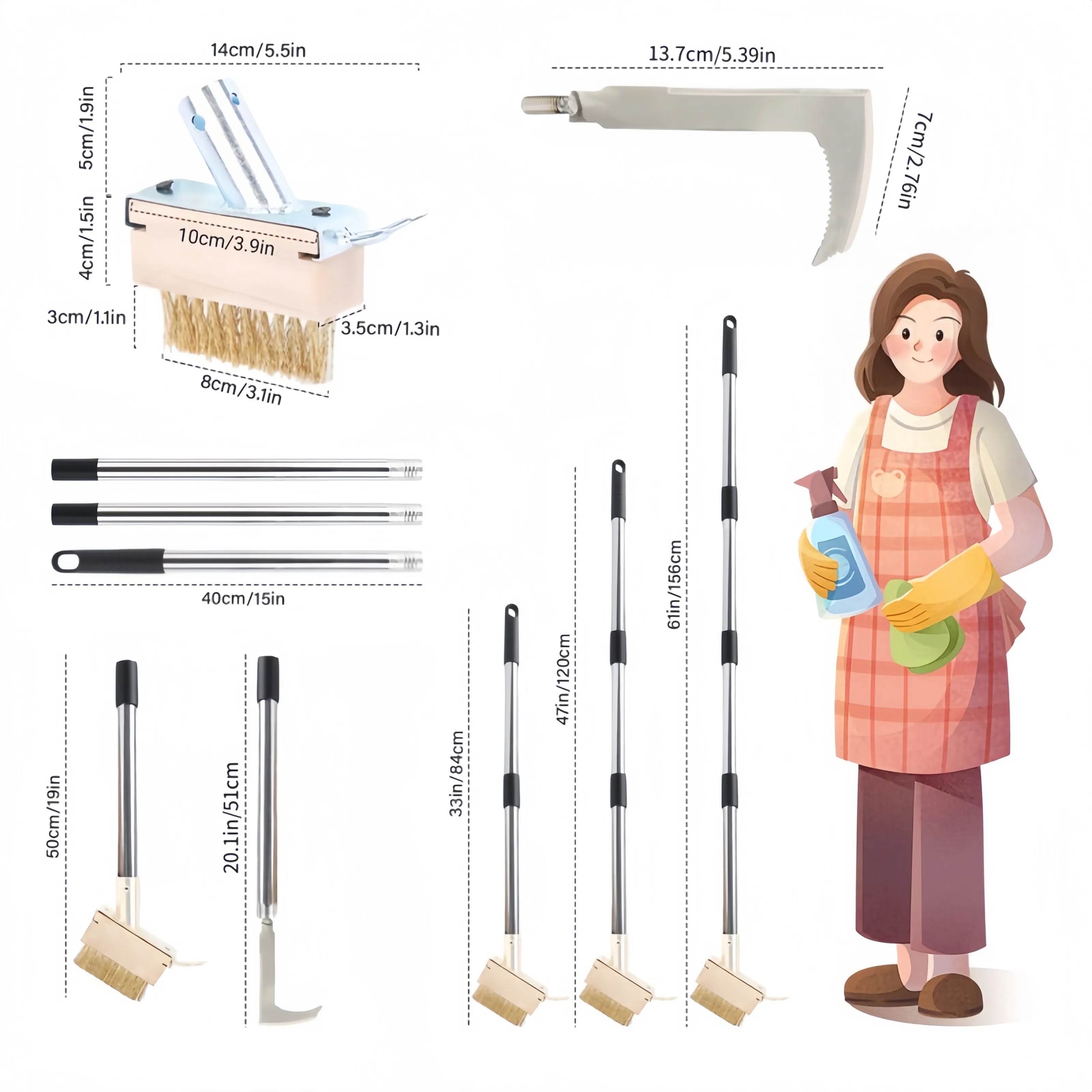 1.6m Weeding Tool Pole Weeder Knife and Brush for Moss Removal