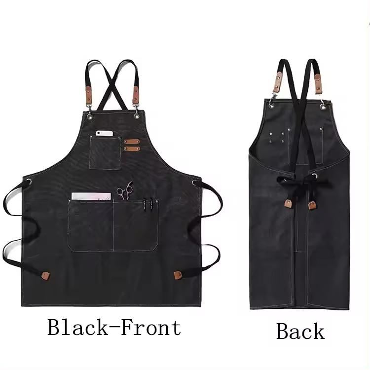 Heavy Duty Coffee Shop Chef Restaurant Leather Garden BBQ Grilling Denim Cotton Barber Canvas Work Apron with Tool Pockets