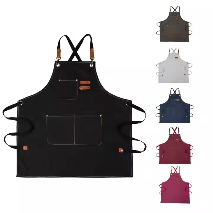 High Quality Black Red Blue Bib Kitchen Cotton Canvas Men Women Work Apron with Tool Pockets for Cooking and Baking