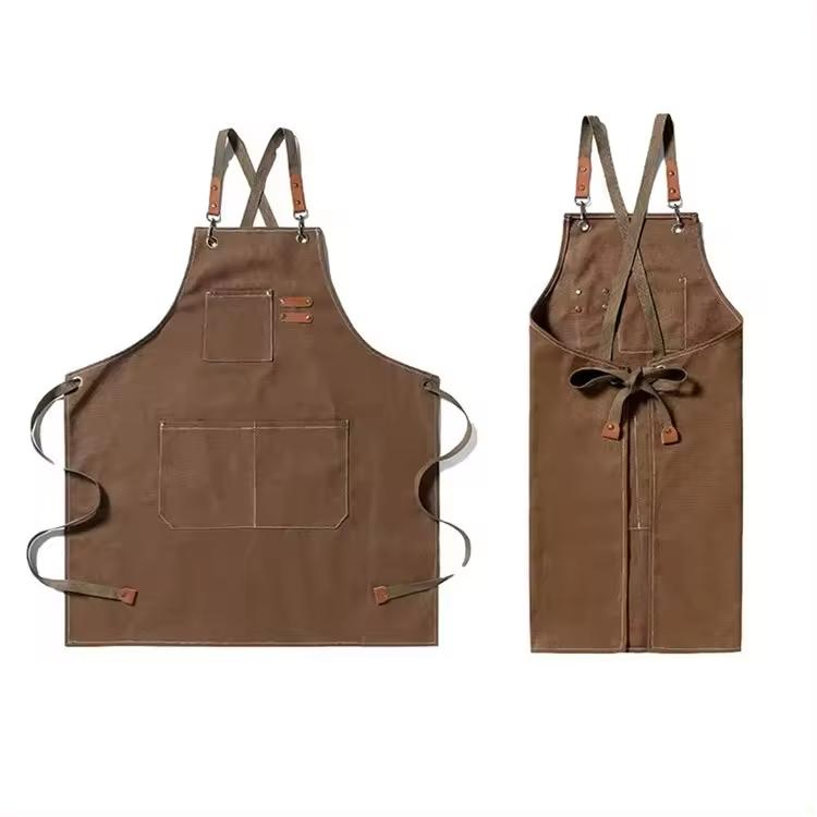 Heavy Duty Coffee Shop Chef Restaurant Leather Garden BBQ Grilling Denim Cotton Barber Canvas Work Apron with Tool Pockets