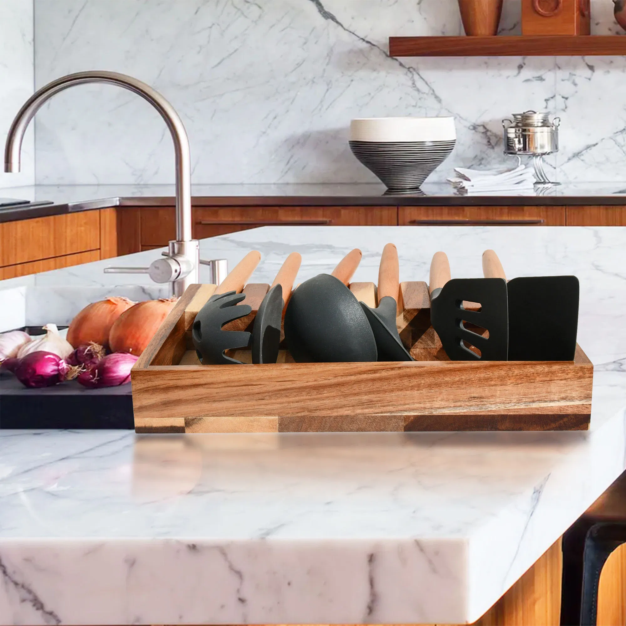 Wooden Multi-Utensils Tray/Kitchen Stand/Brush, Spatula, Cutlery and Kitchenware Set