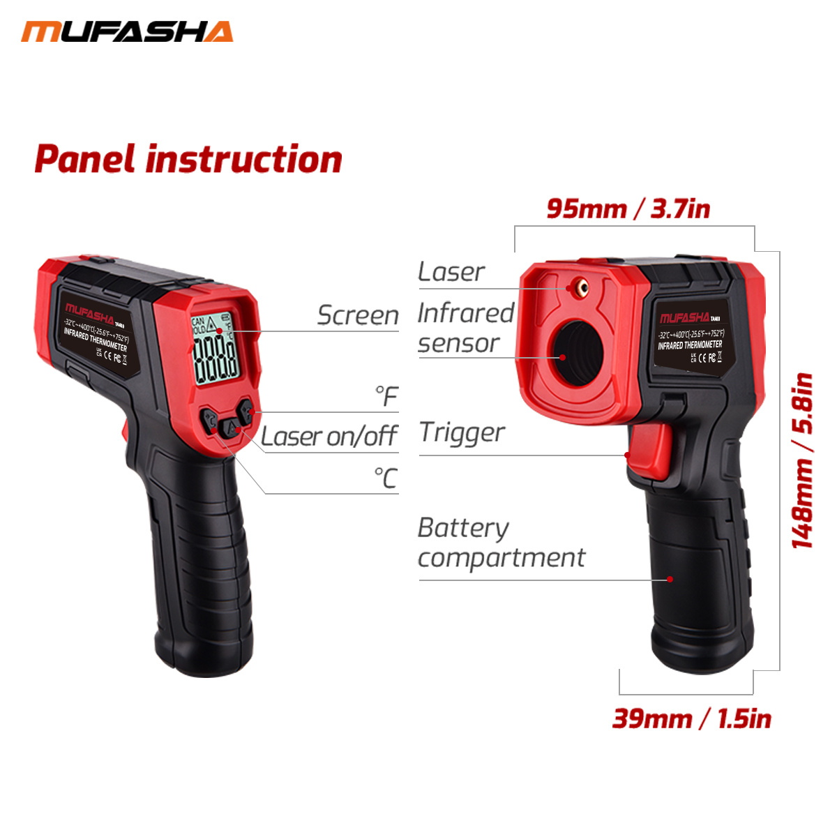 MUFASHA -32~400 Celsius Laser Industrial Alarm Digital Thermometer High Temperature Non-contact Gun Infrared Thermometer