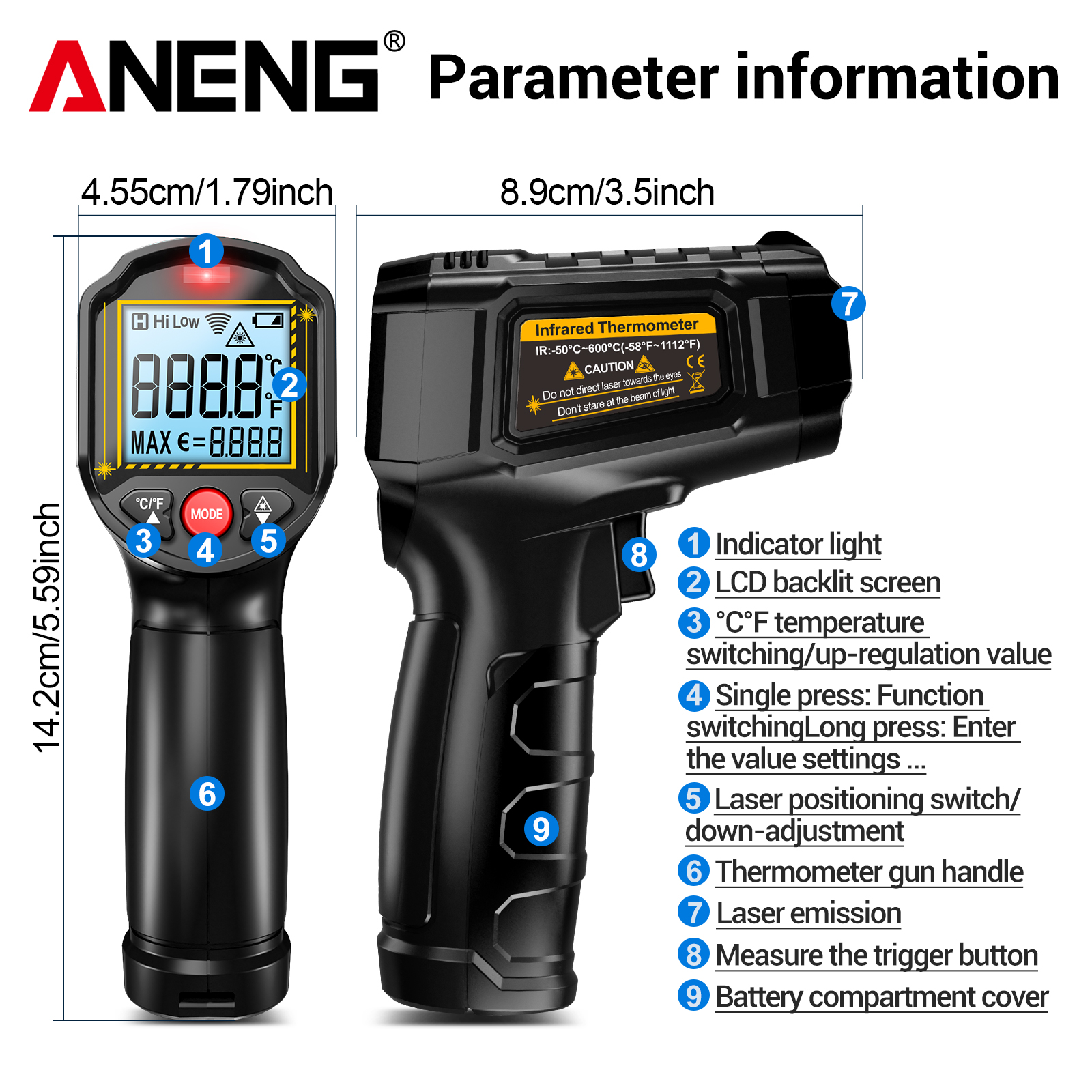 ANENG TH202 Non-Contact Infrared Thermometer LCD Backlit Display Screen Pyrometer Tester Meter -50~600℃ Temperature Gun ABS OEM