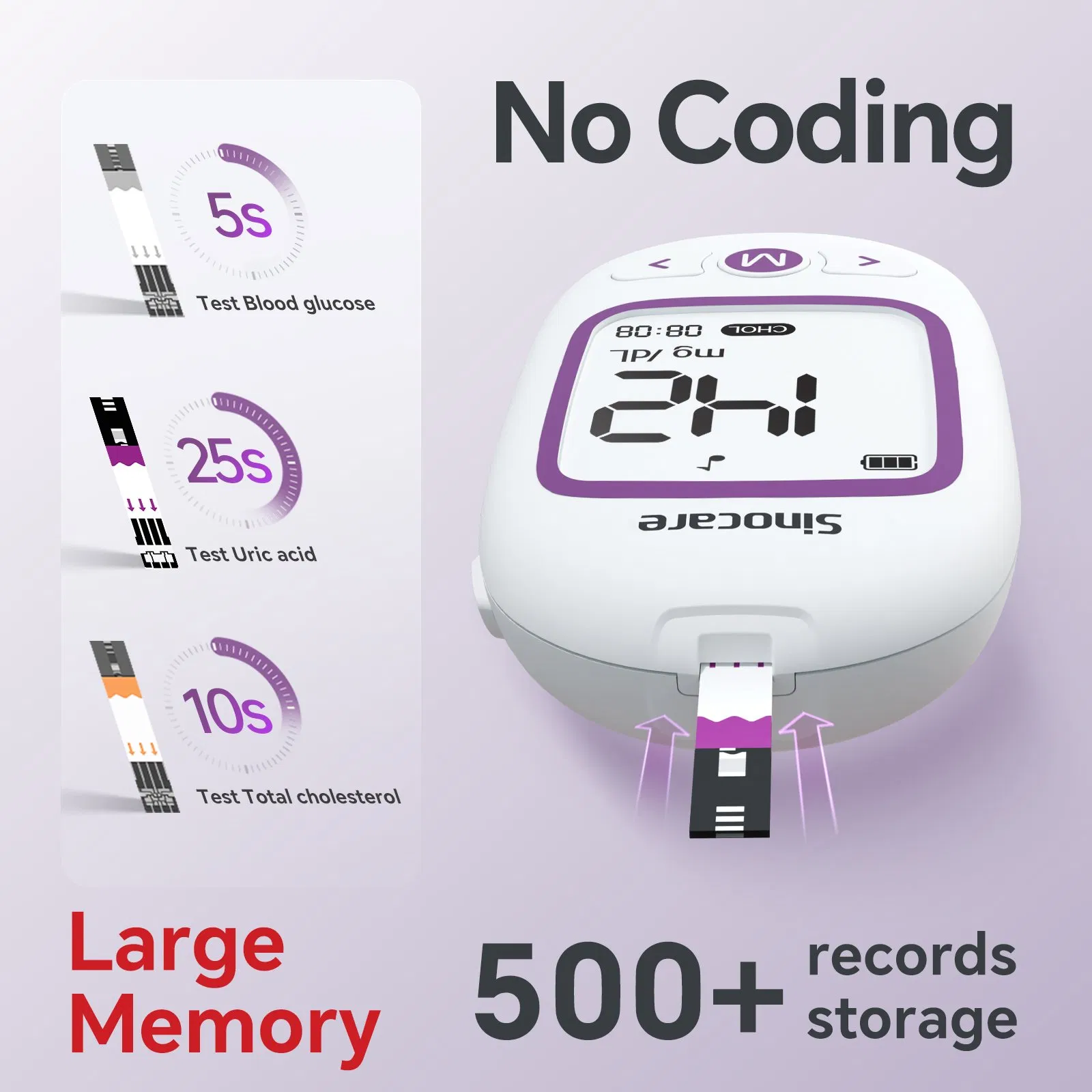 Sinocare Diabetes Self Test Digital Smart Blood Sugar Glucose Meter Total Cholesterol Hemoglobin Uric Acid Multi-Monitor