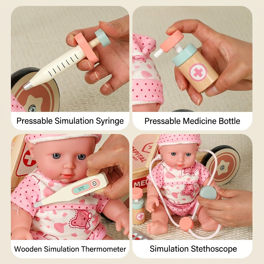 Pink Children's Walking Activity Center Wood Doctor Kit Professional Stethoscope Thermometer Role Play Gift For Ages 2-7 Unisex