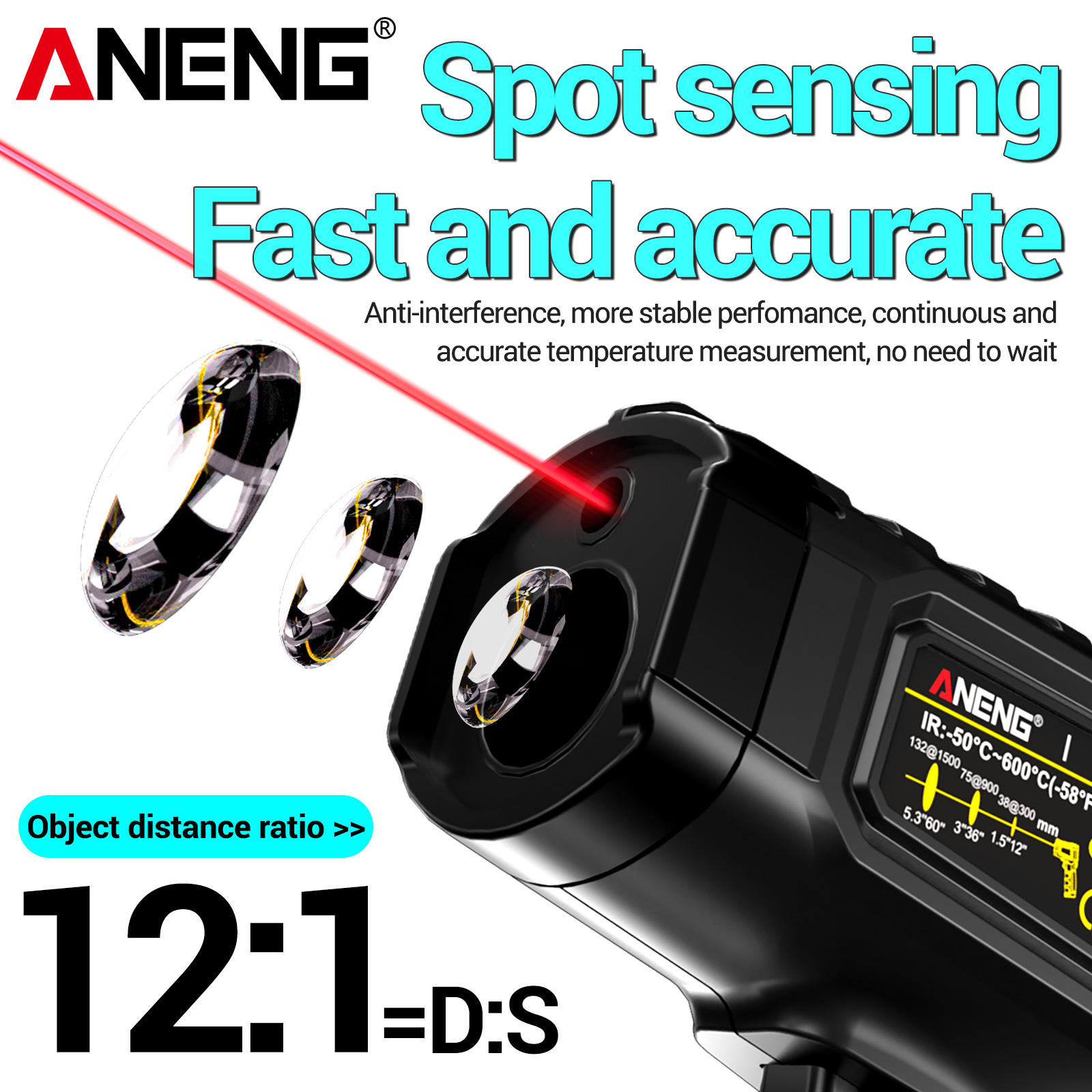 ANENG TH203 Smart Industrial Infrared Thermometer -50~600 Temperature Gun VA Reverse Color Screen Plastic OEM
