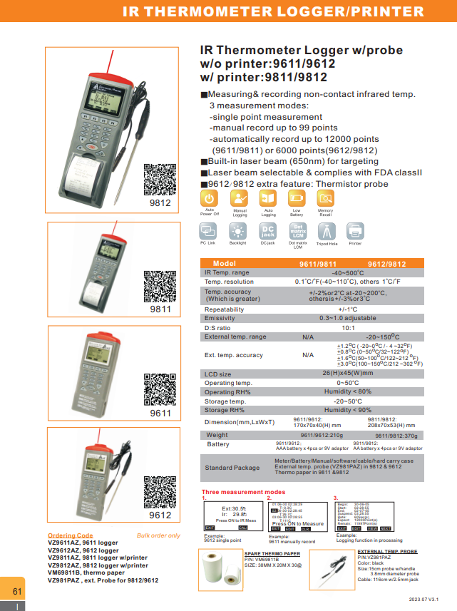 TTLTES 9811 AZ-Bulk Order IR Laser Thermometer Data Logger Printer -40~500 Temperature Instruments PC Material Battery