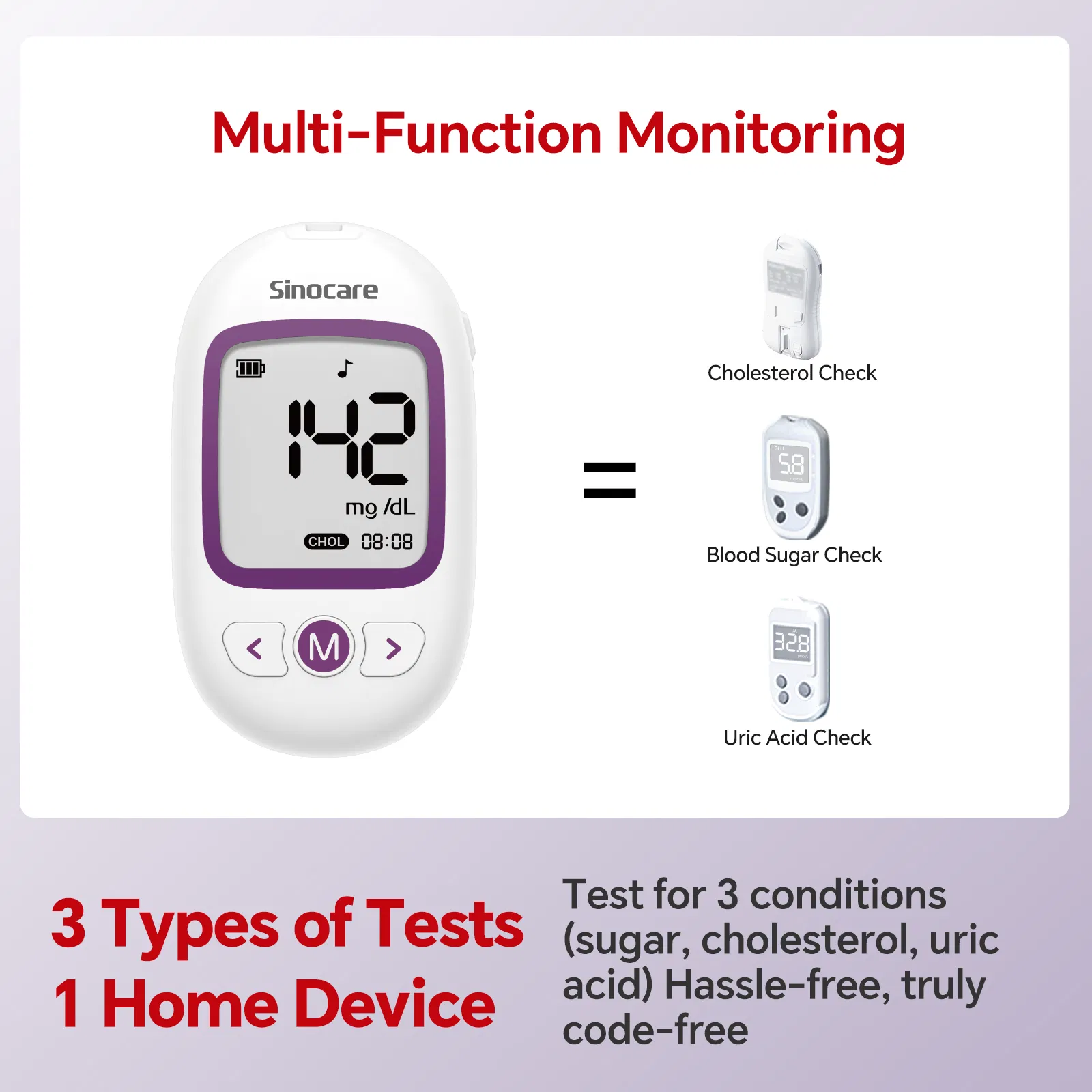 Sinocare Diabetes Self Test Digital Smart Blood Sugar Glucose Meter Total Cholesterol Hemoglobin Uric Acid Multi-Monitor