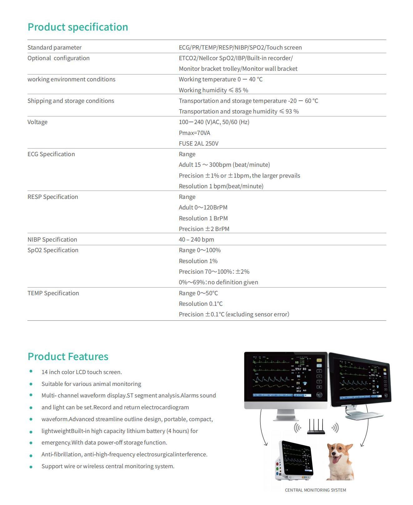 VML-14PRO Multi-Parameter Veterinary Monitoring Device Medical Patient Monitor for Clinics Hospitals Monitor for Veterinary