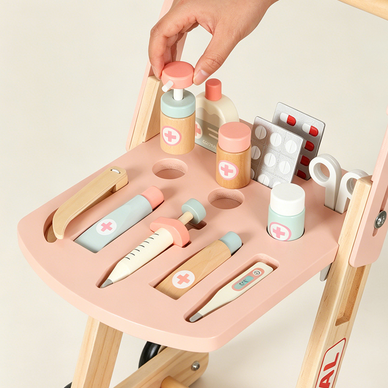 Pink Children's Walking Activity Center Wood Doctor Kit Professional Stethoscope Thermometer Role Play Gift For Ages 2-7 Unisex