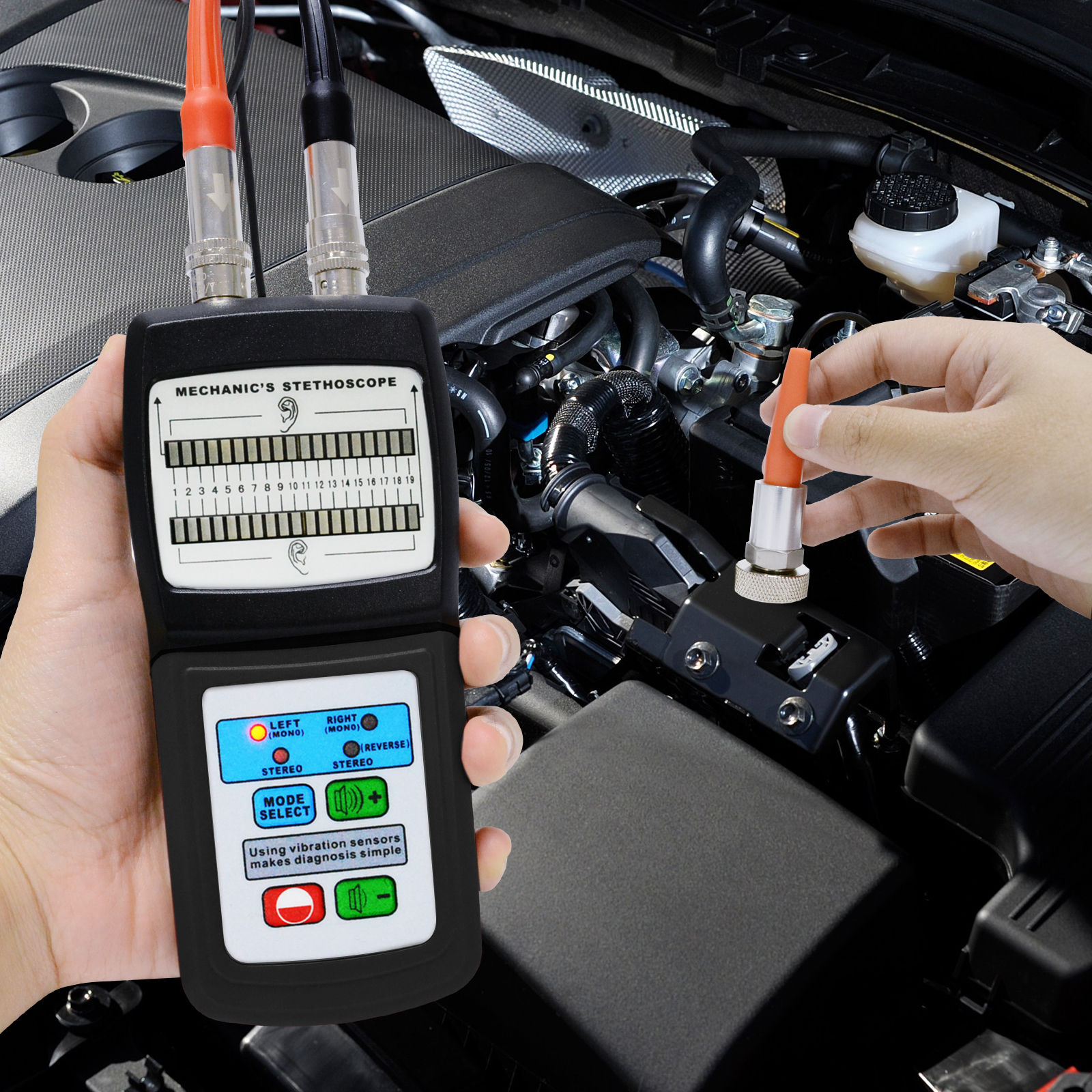 Digital Mechanic's Engine Stethoscope with Headphone &amp; 2 Separate Sensor Probe, 10~10K Hz Sound Noise Detection Automotive Tool