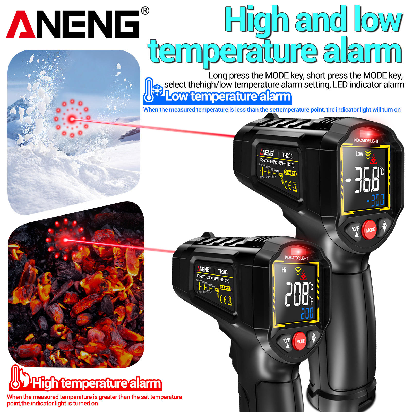 ANENG TH203 Smart Industrial Infrared Thermometer -50~600 Temperature Gun VA Reverse Color Screen Plastic OEM