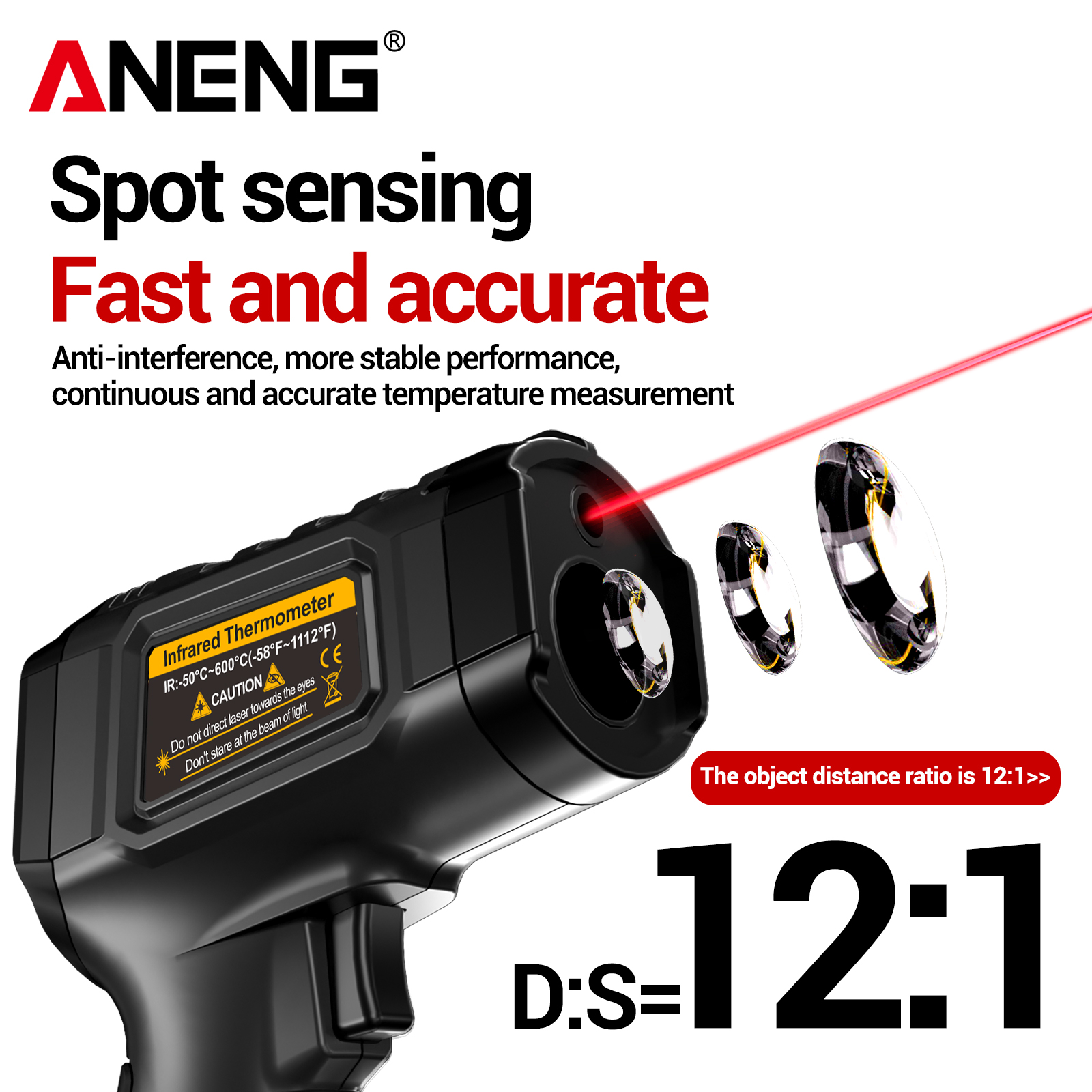 ANENG TH202 Non-Contact Infrared Thermometer LCD Backlit Display Screen Pyrometer Tester Meter -50~600℃ Temperature Gun ABS OEM
