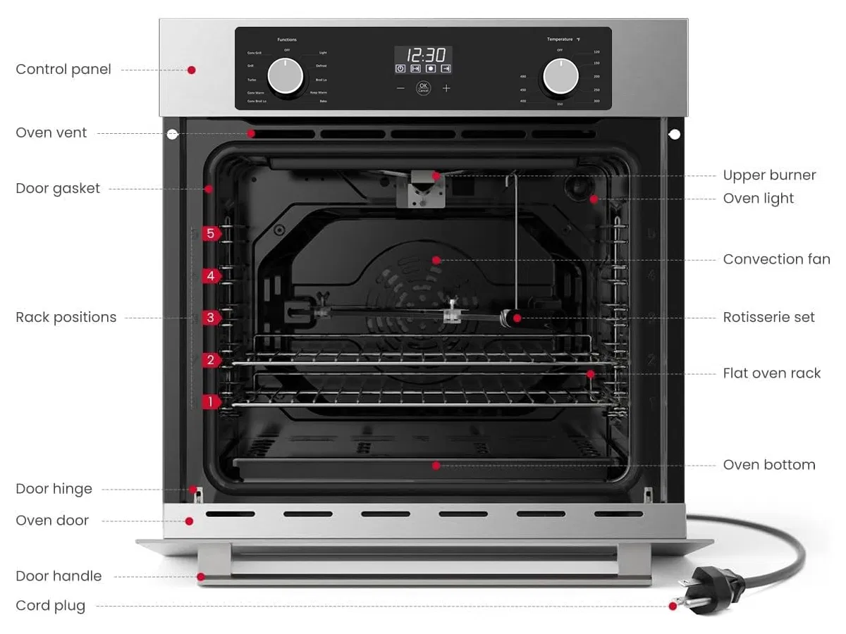 60cm Smart Single Oven Steam Convection 4/6/9/10 Functions Built-in Gas Electric Oven