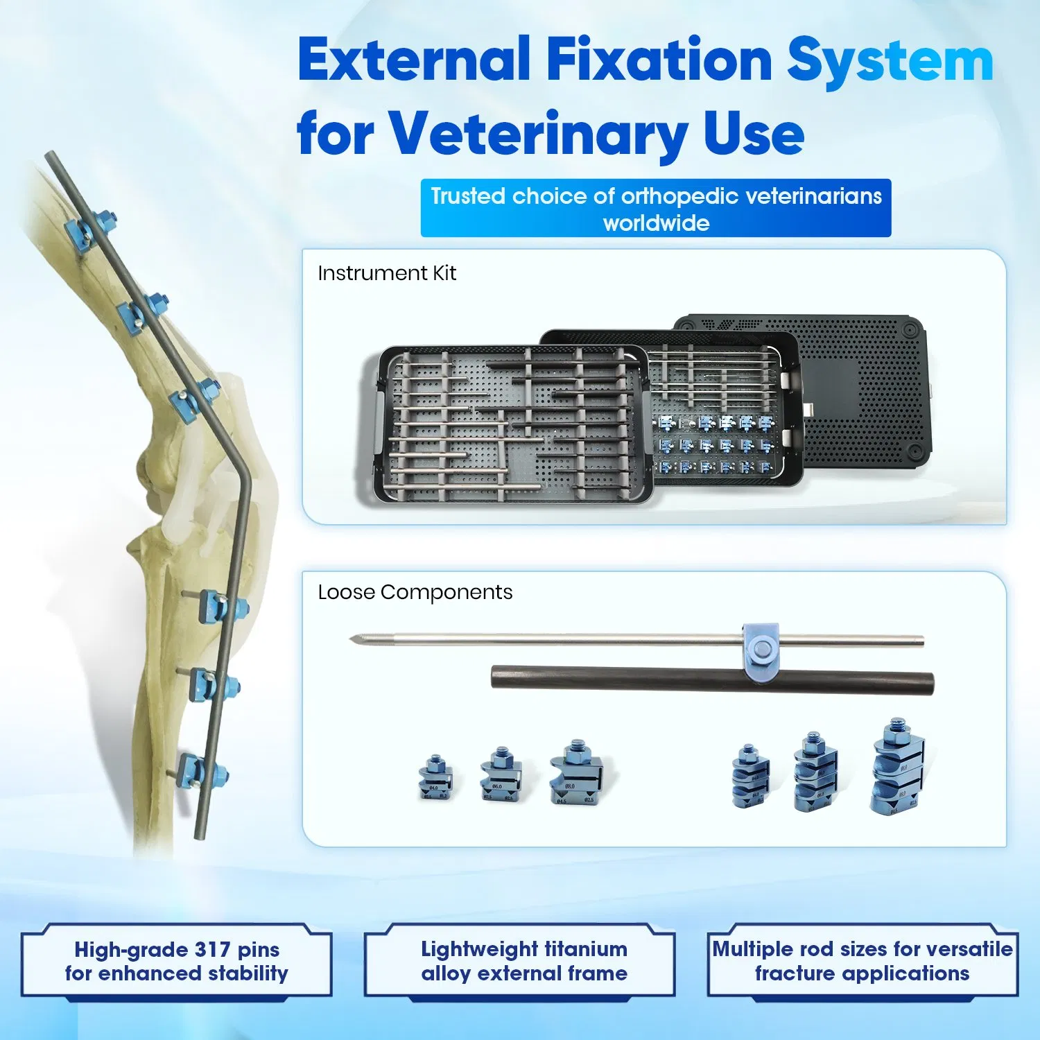Medical Grade External Fixation System for Veterinary Orthopedic Bone Repair