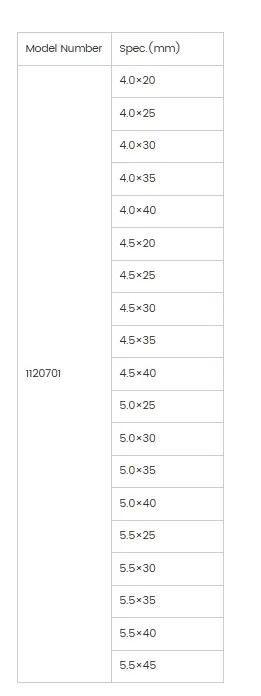 Product Specification Table