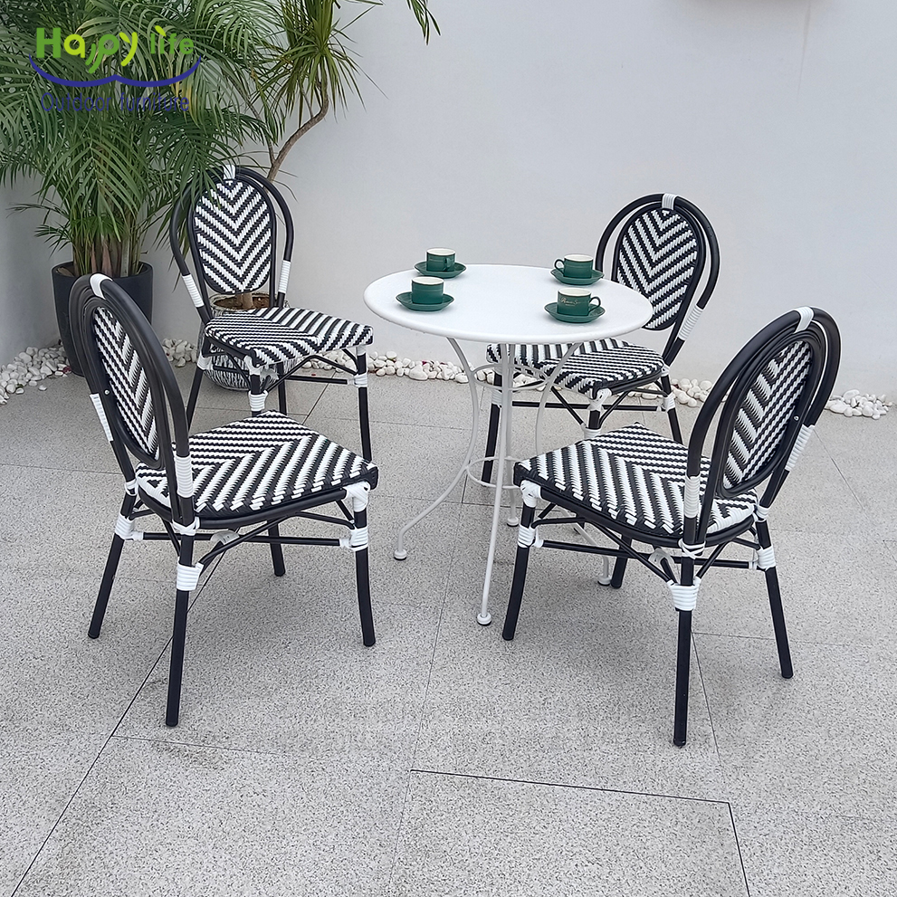 Happy Life Durable Metal French Bistro Restaurant Table Chair Set Stackable Rattan Design UV Protection for Outdoor Dining Park