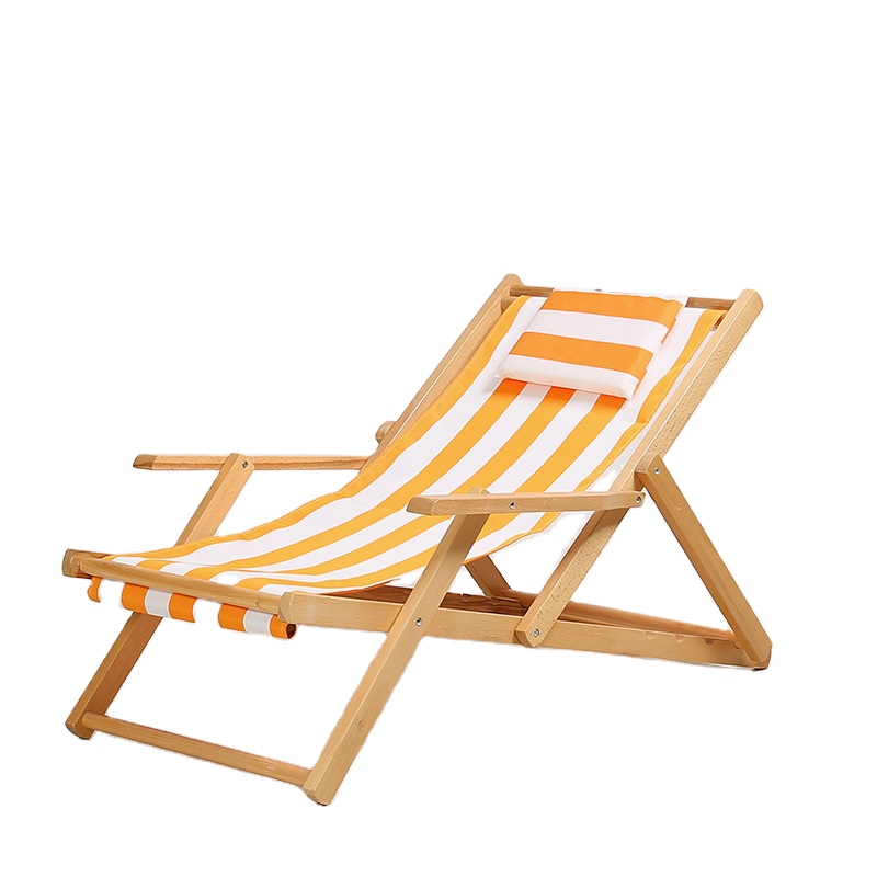 BSCI Adjustable Height Folding Armrest Fishing Foldable Wooden Camping Beach Lounge Chair with Pillow