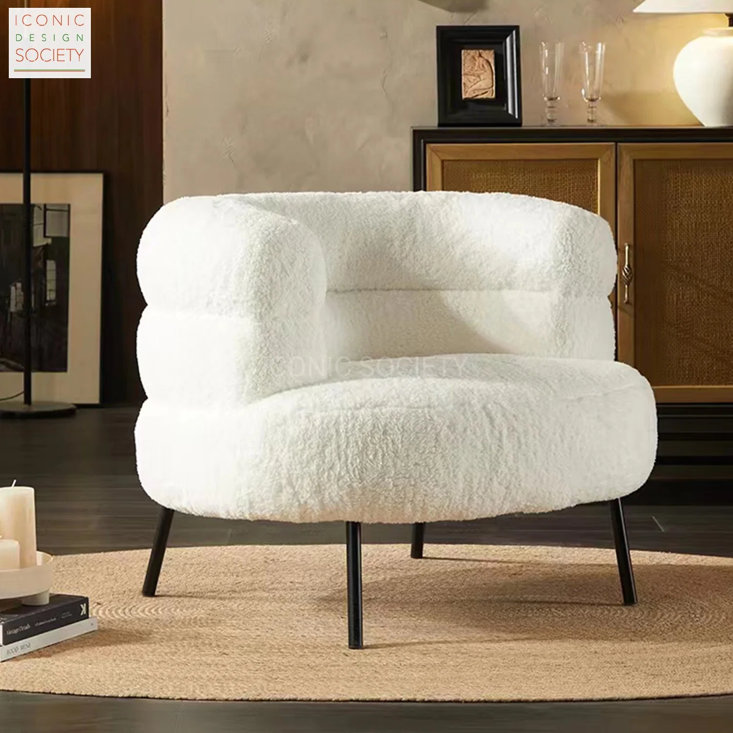 Modern Living Room Furniture Restaurant Cozy Office Armchair Fluffy Soft Woolen Metal Iron Frame Smooth Sherpa Accent Leisure Chair