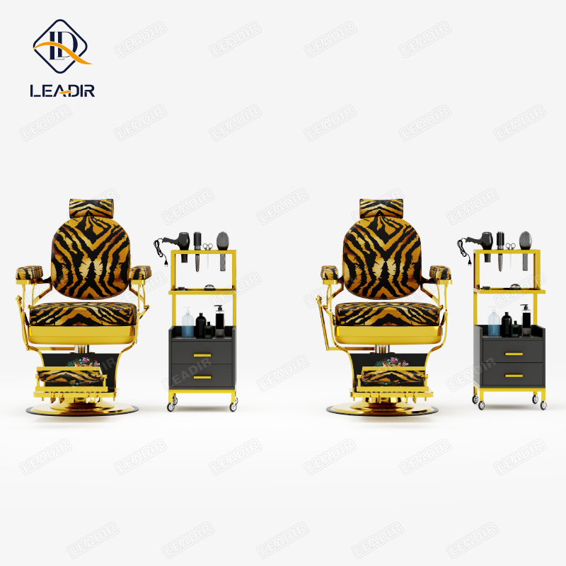 Retro Style Barbershop Black Leather Gold Metal Styling Shaving Chair Luxury Reclining Swivel Frame Barber Chair for Salon